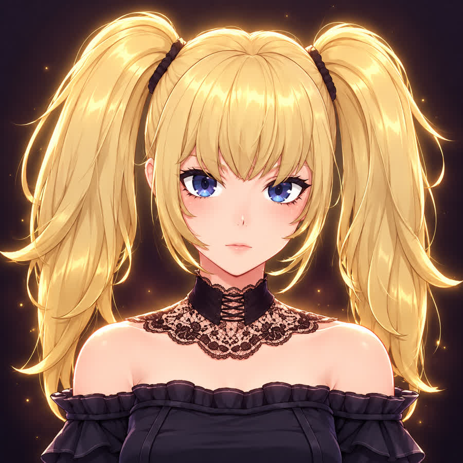 Portrait of Agent Ani, blonde twin-tails and blue-violet eyes in black lace
