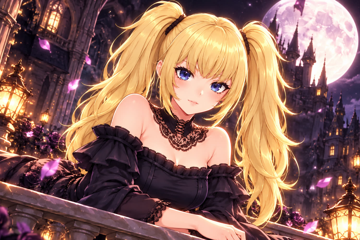 Ani leaning on the palace balcony beneath a full moon