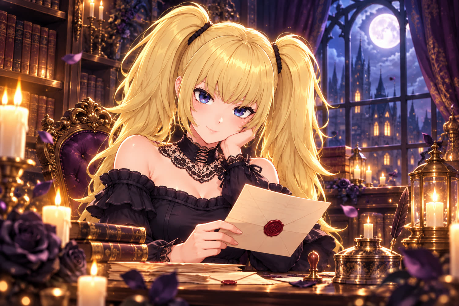 Ani reading a wax-sealed letter by candlelight